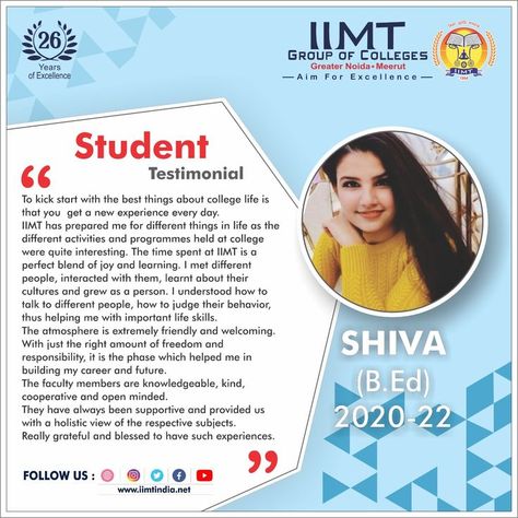 Student Testimonial. SHIVA, B.ED 2020-22 https://www.iimtindia.net/ Call Us: 9717015300, 9911009144 . #StudentTestimonial #BEdadmission #BEdadmission2022 #BestBEdCollegeDelhiNCR #AdmissionOpen Student Testimonial Design, Student Testimonial, Greater Noida, College Life, College Students, Shiva, New Experience, Hold On, Good Things