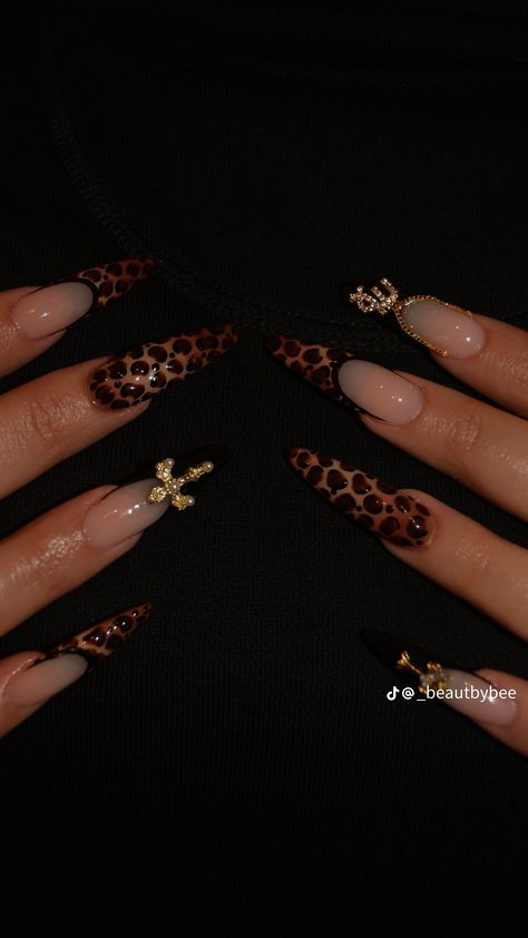 Brown Aesthetic Nail Designs, Birthday Nails Cheetah, Leopard And Burgundy Nails, Nails Print Animal, Halloween Cheetah Nails, Baddie Medium Nails, Fall Nails Long Almond, Short Black Almond Nails Designs, Fall Nails Almond Shape Long