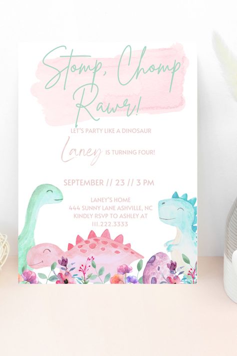 Stomp, Chomp Rawr! Pink Dinosaur Invitations, Dinofour Birthday Party Girl, Stomp Chomp Roar Birthday, Dino Girl Party, Girl Dinosaur Birthday Party, Dinosaur Birthday Invite, Dino Pink, Gigi Birthday, Dino Party Invitation