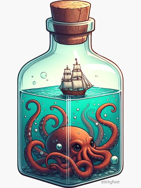 "Kraken and a Ship in a Bottle" Sticker for Sale by stickyfoot | Redbubble Jar Art Drawing, Pirate Ship In A Bottle, Bottle Drawings, Bottle Doodle, Kraken Drawing, Kraken Art, Ship In Bottle, Cuff Tattoo, Ship In A Bottle