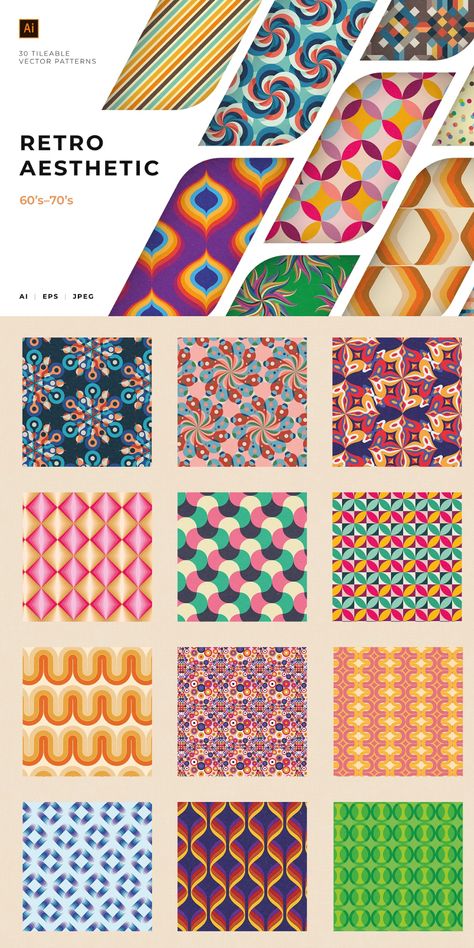 30 Retro Aesthetic patterns. Bright Funky, 60s, 70s Retro, Retro Pattern, Retro Aesthetic, Textile, Wallpaper, Background, Geometric, Packaging, Tribal, Vintage, Branding, Retro Style, Fashion Icons, afflink #patterns #patterndesign #fabricdesign Patterns For Graphic Design, Popular Patterns 2023, 70 Patterns Design, Colour Pattern Design Ideas, Vintage Fashion Patterns, Retro Design Packaging, Retro Pattern Design, 70s Design Pattern, Funky Designs Pattern