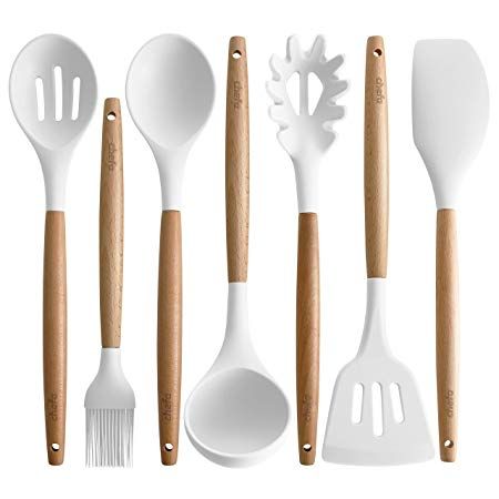 Amazon.com: Silicone Cooking Utensils | Wooden Handle, Non-Stick Cookware Heat Resistant Kitchen Utensil Spatula, Slotted & Solid Spoon, Soup Ladle, Slotted Turner and Spaghetti Server,| (White): Kitchen & Dining White Kitchen Utensils, White Kitchen Accessories, Pasta Server, Desain Pantry, Silicone Cooking Utensils, Silicone Kitchen Utensils, Silicon Utensils, Kitchen Cooking Utensils, Cooking Utensils Set