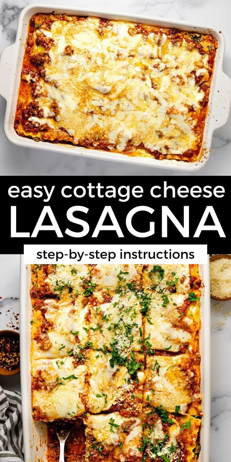 This quick and easy cottage cheese lasagna is the definition of classic comfort food! It can be made up to 5 days in advance so you can prep it whenever you have time and enjoy a hearty, homecooked meal when it's convenient for you! Lasagna Recipe With Cottage Cheese, Cottage Cheese Lasagna Recipe, Cottage Cheese Lasagna, Recipe With Cottage Cheese, Cheese Lasagna Recipe, Lasagna With Cottage Cheese, Homemade Lasagna Recipes, Healthy Lasagna, Queso Cottage