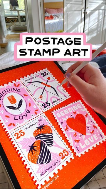 Megan Roy on Instagram: "A look at the illustration process for my “Sending Love” postage stamp art, drawn in Procreate on an iPad Pro. 💕" Postage Stamp Illustration, Stamp Card Design, Stamp Illustration, Stamp Drawing, Valentine Stamps, Illustration Process, Postage Stamp Design, Bakery Branding, Stamp Card