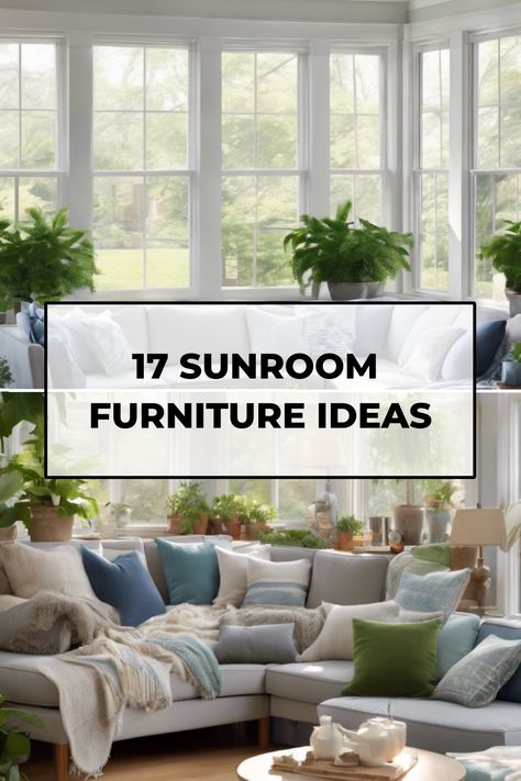 17 sunroom furniture ideas displayed in a bright sunroom with large windows and lush greenery. Sun Porch With Fireplace, 3 Seasons Room Furniture, Porch Room Ideas Sunrooms, Indoor Outdoor Room Sunroom, 4 Season Porch Furniture Ideas, Cosy Sunroom Ideas, Comfortable Sunroom Furniture, Sunroom Breakfast Area, Wicker Sunroom Furniture