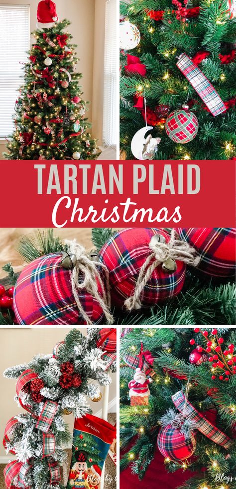 Red Plaid Christmas Trees, Scottish Plaid Christmas Tree, Flannel Christmas Tree Ideas, Red Tartan Plaid Christmas Tree, Red Green Plaid Christmas Decor, Christmas Tree Tartan Ribbon, Tartan Ribbon Christmas Tree, Scottish Themed Christmas Tree, Traditional Plaid Christmas Tree