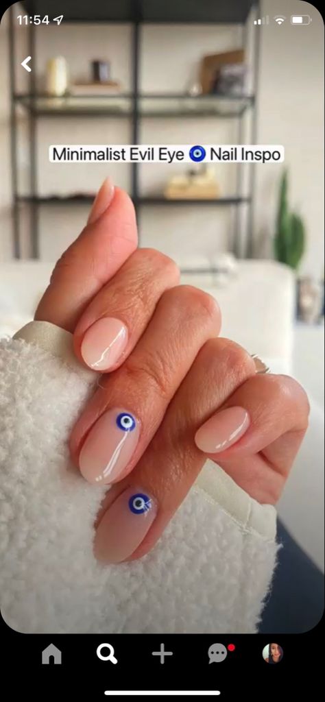 Short Almond Nails Evil Eye, Evil Eye Simple Nails, Evil Eye Nails Simple, Greece Evil Eye Nails, Neutral Evil Eye Nails, Turkish Eye Nails French Tip, Greek Vacation Nails, Evil Eye Almond Nails, Turkish Nails Designs