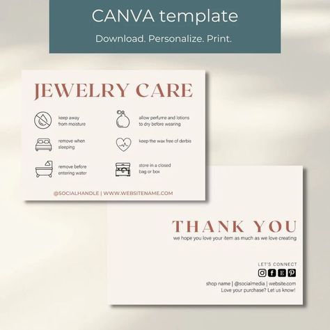 Jewelry Care Card Template, Jewelry Giveaway Ideas, Jewellery Care Card, Jewelry Business Card, Jewelry Care Card, Jewelry Packaging Design, Jewelry Giveaway, Jewelry Packaging Box, Car Card