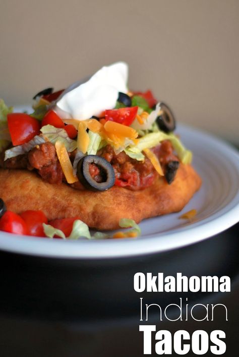 Oklahoma Indian Tacos | Aunt Bee's Recipes Indian Taco Recipes, Indian Taco, Navajo Tacos, Indian Tacos, Native American Food, Fry Bread, Flat Bread, Pinto Beans, Taco Recipes