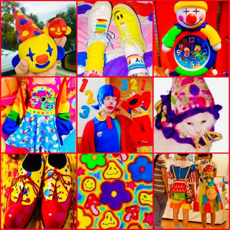 Clowncore Color Palette, Clown Color Scheme, Dreamcore Moodboard, Clowncore Oc, Clowncore Moodboard, Rainbow Clown Aesthetic, Clown Moodboard, Clowncore Primary Colors, Clowncore Aesthetic