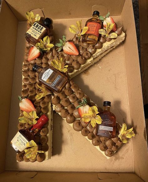 Boozy cake in the shape of a K! #personalized #homemade #cake K Shaped Cake, Letter Cake, Shaped Cake, Homemade Cake, The Shape, Makers Mark, A K, Cheese Board, Cheese