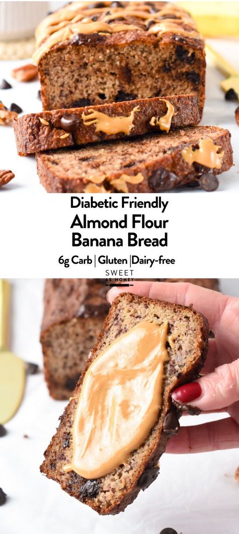 This Almond Flour Banana Bread is an easy, healthy recipe with no sugar added and dairy-free!Bonus, this banana bread is also low-carb with only 6 grams of net carbs per slice, 3 times less than regular banana bread, and perfect as a diabetic-friendly banana bread recipe. Pie, Banana Bread Recipe Low Carb, No Carb Banana Bread, Low Carb Banana Desserts, Lower Carb Banana Bread, Banana And Almond Flour Recipes, Low Gi Bread Recipe, Banana Bread Recipe Healthy Almond Flour, Low Carb Banana Bread Recipe