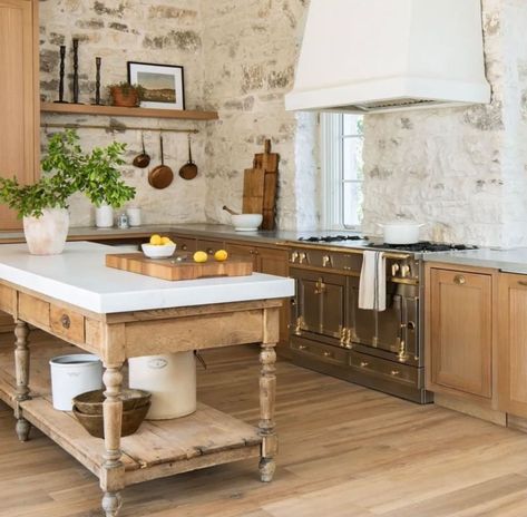 Stone Backsplash Inspiration - Design Trend Round Up — Farmhouse Living Magnolia Grist Mill, Incredible Kitchens, Dapur Rustic, Magnolia Kitchen, Repurposed Kitchen, Stove Hood, Stone Backsplash Kitchen, Peach Orchard, Model Dapur