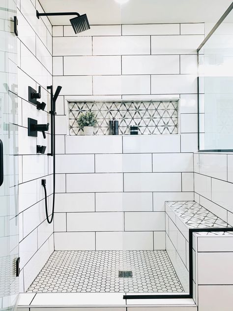 Custom tile shower with a channel niche and built-in bench… Shower With Shelf In Wall, Long Shower Niche Ideas, Showers With Built In Benches, Shower Tile Bench, 4x5 Shower With Bench, Shower Pocket Shelf, Shower Tile Shelves, Tile Shower With Seat, Walk In Shower With Niche