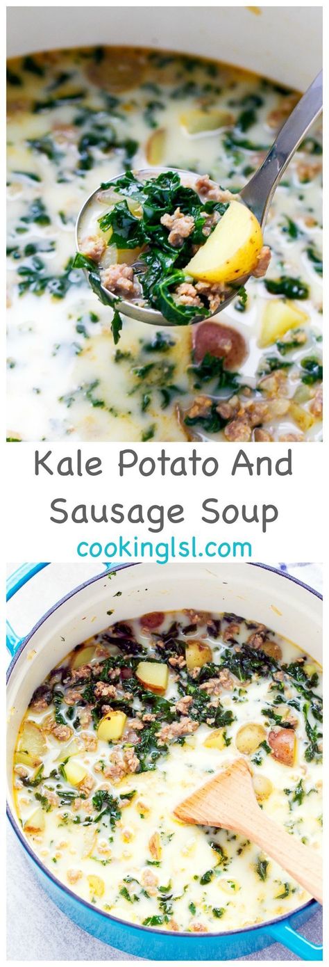 Easy-Kale-Potato-And-Sausage-Soup-Recipe via @cookinglsl Potato And Sausage Soup, Aip Dinners, Kale Dishes, Potato And Sausage, Kale Potato, Sausage Soup Recipes, Salad Kale, Sausage Potatoes, Kale Soup