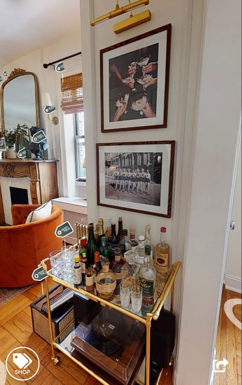 Bar Cart Unique, Bar Area In Apartment, 20s Apartment Decor, Newstalgia Interior Design, Bar In Apartment, Bar Cart Gallery Wall, Italian Apartment Decor, Bar Cart In Living Room, Neutral Maximalism