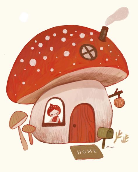 Do you want to live in a mushroom house? Yes! 🍄🍄🍄 #mushroom #mushrooms #mush #fungi #fungi_fan_club #fungilove #mushroomlover #mush #mushroomartwork #mushroomhouse #fall #fallstyle #fallvibes #winter #falldecor #mushroomhunting #autumnvibes #autumn #autumnvibes #cozy #cosy #cozyautumndrawing #cozyroom #cottagecore #forest #forestlovers Fall Mushroom Art, Cottagecore Illustration, Cute Mushroom House Drawing, Pumpkins And Mushrooms Art, Mushroom Fairy Illustration, Mushroom House Illustration, Mushroom House Cartoon, Fall Window Painting, Autumn Mushrooms Illustration