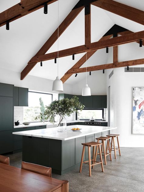 Kitchen With Beams, 1970s House, Pitched Ceiling, Farmhouse Architecture, Timber Ceiling, 1970s Home, Homes To Love, Timber Beams, Classic Kitchen