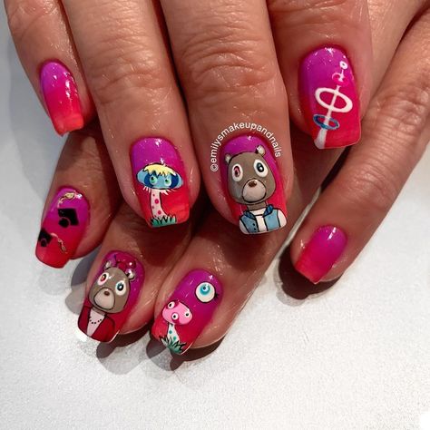 Kanye Inspired Nails, Kanye West Inspired Nails, Kanye West Nails, Album Inspired Nails, Graduation Kanye West, Album Nails, Album Cover Nails, Bedazzled Nails, Bears Nails