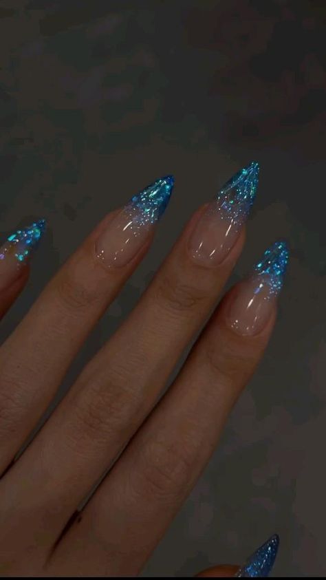 Metallic French Nails, Nails Winter Blue, French Nails Winter, Winter Blue Nails, Metallic Blue Nails, Cinderella Nails, Artistic Nails, Festive Nails, Blue Glitter Nails