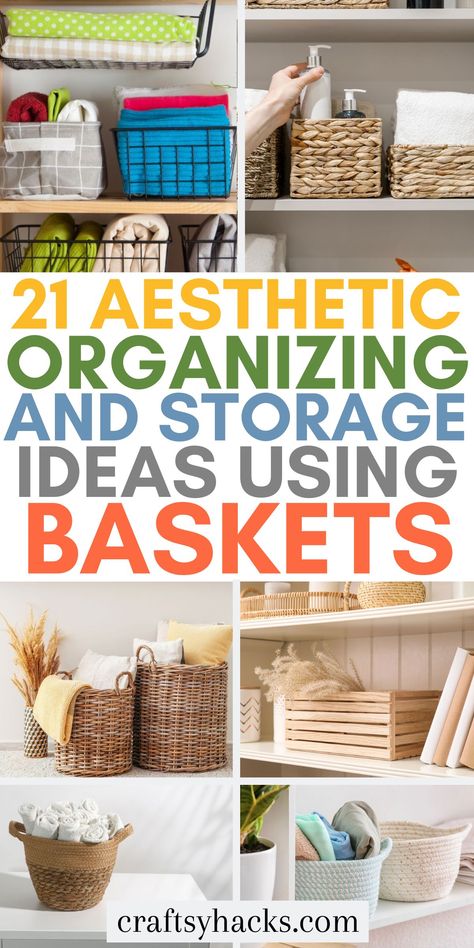 Tired of the clutter? These organization ideas will change your life. Discover clever storage solutions including bedroom, closet space and kitchen ideas to declutter and organize with baskets. We have compiled so many stylish hacks to fit your home aesthetic. Basket Organization Ideas, Bedroom And Bathroom Ideas, Diy Painted Baskets, Uses For Baskets, Dollar Tree Storage Bins, Organizing With Baskets, Organize Home, Dollar Tree Storage, Create Storage