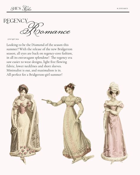 Welcome to issue three of She’s Chic 🤍 This week we’re taking a look at Regency-core fashion, all thanks to the new season of Bridgerton! Which look is your favourite? . . . . . . . . #theparisianchique #theparisguru #oldmoneyaesthetic #oldmoney #oldmoneystyle #coquette #coquetteaesthetic #coquettefashion #coquettegirl #coquettecore #coquettedollette #parisian #parisianamour #parisianchic #parisianamour #memuarypost #icewasonline #girlygirls #pinklovers #pistache_blog #andsave #llemerci #lux... Regency Aesthetic, Regency Art, Regency Wedding, Vestidos Anime, Polite Society, Societal Norms, Regency Era Fashion, Period Pieces, Post Secret