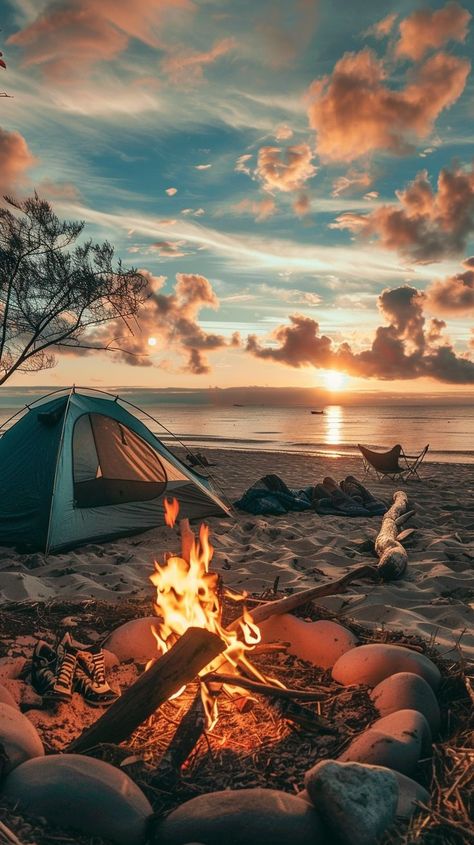 Summer Bucket list *beach camping* Camping Night Photography, Beach Camping Aesthetic, Summer Camping Aesthetic, Summer Bucket List Aesthetic, Camping Background, Prop Modeling, Camping Sunset, Camping On The Beach, Camping Pictures