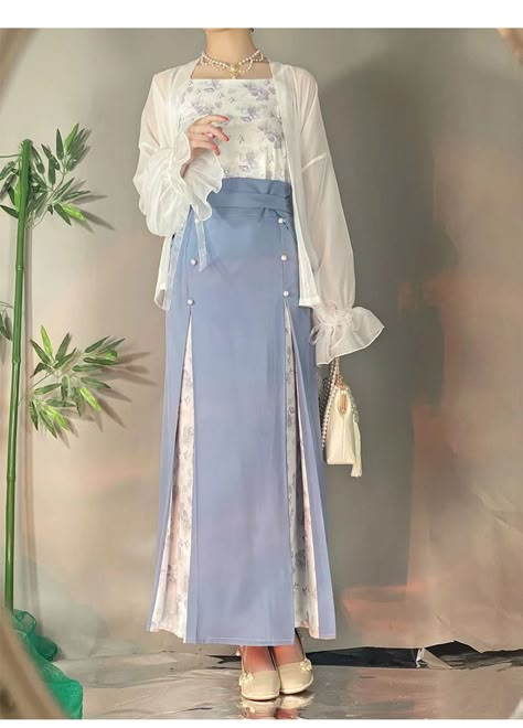 Song Dynasty Sweet Hanfu Dress Three Piece Suit Lace Trumpet Sleeve Jacket Printed Sling Improved Modern Horse Face Skirt Women - AliExpress Modern Style Outfit Women, Modern Dress Designs, Modernized Hanfu, Modern Hanfu Dress, Blouse And Skirt Outfit, Hanfu Skirt, Hanfu Modern, Long Jacket Dresses, Face Skirt