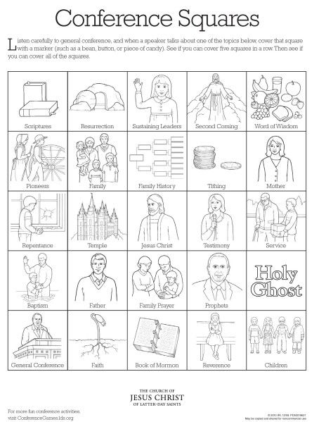 conference_squares-3 copy General Conference Bingo, Lds Primary Talks, Conference Bingo, General Conference Activities For Kids, Lds General Conference Activities, General Conference Packets, Conference Activities, General Conference Activities, Visiting Teaching Handouts