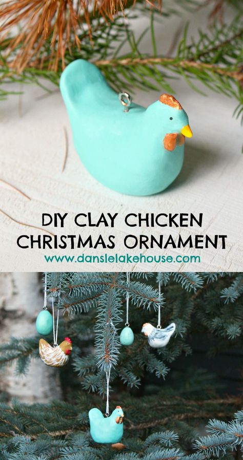 DIY Clay Chicken Christmas Ornament Cute Easy Ornaments To Make, Salt Dough Chicken Ornaments, Salt Dough Christmas Gifts, Clay Chicken Ornaments, Easy Salt Dough Christmas Ornaments, Sculpey Ornaments Diy, Christmas Ornament Handmade, Chicken Gifts Diy, Chicken Christmas Ornaments Diy