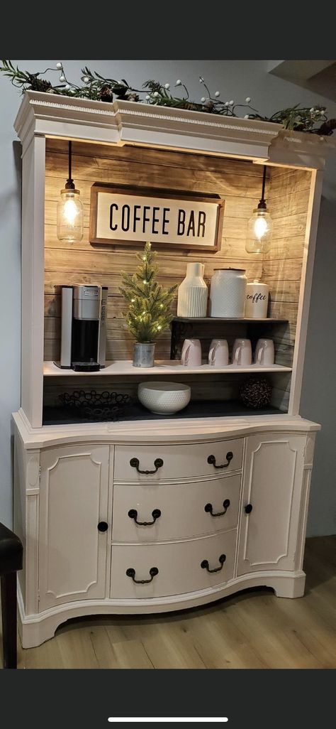 Coffee Bar Ideas China Cabinet, Coffee Hutch, Coffee Bar Hutch, Coin Café, Coffee Bar Station, Coffee Bar Ideas, Coffee Stations, Kitchen Larder, Diy Coffee Bar