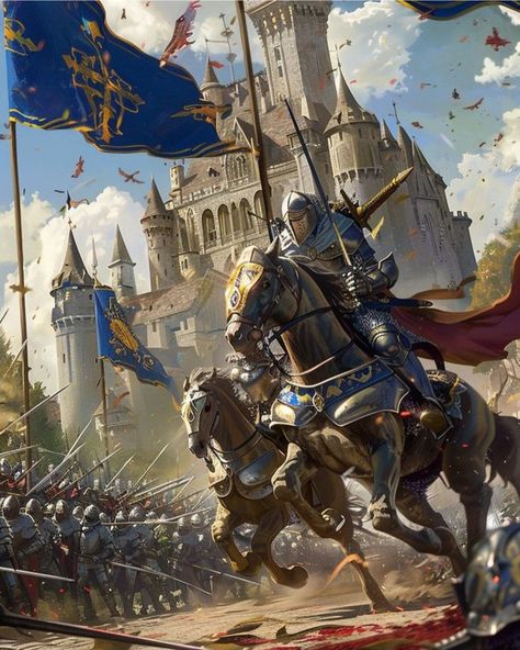 Fantasy Celebration Art, Knights On Horses, Fantasy Soldier Medieval, Fantasy Battle Art, Battle Fantasy Art, Medieval Fantasy Art, Medieval Background, Anime Medieval, Fantasy Army