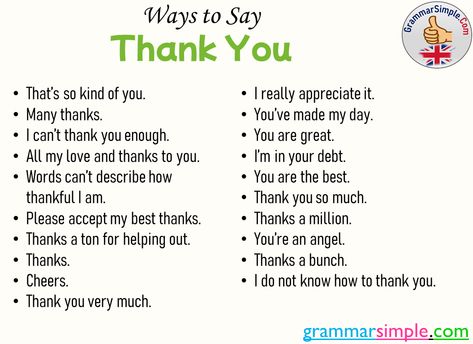 Ways to Say Thank You in English Speaking - Grammar Simple Replies To Thank You, Thank You Other Ways To Say, Ways To Say Thank You, Fun Ways To Say Thank You, Reply Of Thank You In English, Ways To Say Thanks, Essay Words, English Phrases Sentences, Argumentative Essay Topics