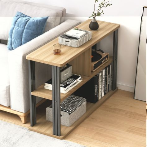 Icon Wood and Steel Sofa Side Table with Shelves Coffee Table/ Book & Magazine Shelf (OAK) Magazine Shelf, Table With Shelves, Bookshelf Table, Steel Sofa, Coffee Table With Shelf, Steel Coffee Table, Shelving Design, Wood And Steel, Couch Table