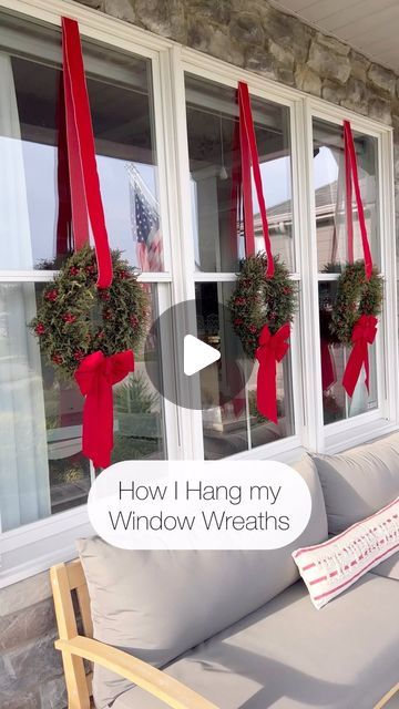 Kati Nairn | Beyond Gray on Instagram: "Comment WINDOW WREATHS for links to these wreaths and bows. I adore a holiday home that is decked out with window wreaths! I know this method won’t work for every home, but since I get asked so often about how I do this, I wanted to share. 🫶🏻" Wreath Outdoor Windows, Christmas Breezeway Decor, How To Hang Wreath On Outdoor Window, Christmas Wreaths For Windows Outdoors, Holiday Window Wreaths, Ribbon On Windows For Christmas, Wreath Hanging From Ribbon In Window, Exterior Window Decor Ideas, Christmas Wreaths In Windows Outside