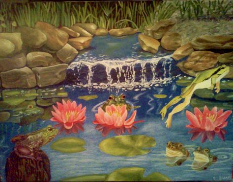 Acrylic Frog Pond Painting Frog In Pond Painting, Frog Pond Painting, Frog In Pond, Acrylic Frog, Frog Habitat, Frog Cake, Frog Pond, Pond Painting, Disney Makeup