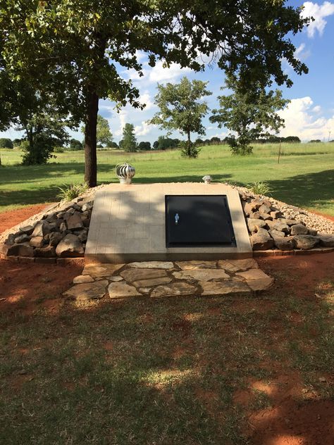 Storm cellar landscaping Storm Cellar Interior, Storm Shelter Landscaping Ideas, Cellar Ideas Underground, Storm Cellar Landscaping, In Ground Storm Shelter, Basement Storm Shelter Ideas, Storm Cellar Ideas, Storm Shelter Ideas Decor, Storm Shelter Landscaping