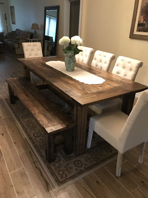 Farmhouse Table With Bench Seating, Wood Table With Bench And Chairs, Farm Table With Bench And Chairs, Farmhouse Dining Set With Bench, Diy Dining Room Table With Bench, Wood Kitchen Table With Bench, Farmhouse Bench Dining Table, Farmhouse Dining Room Table With Bench, Bench Dinning Table