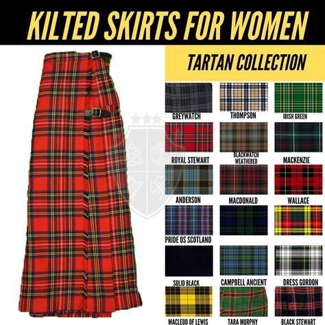 This classic and timeless kilted style skirt can be made in a tartan of your choice. This beautiful midi tartan kilted skirt is made of blended wool tartan fabric. The style incorporates our attention to detail with beautiful deep pleats to give the skirt movement. The hand fringed edge softens the apron and the look is completed with two leather straps and Silver Chrome buckles. The inside apron is attached to the outside apron using Velcro to create a smooth and even finish. This skirt is lovi Kilts For Women Outfits, Tartan Maxi Skirt, Scottish Skirt Outfit, Skirt Movement, Tartan Skirt Outfit, Kilt Pattern, Scottish Skirt, Tartan Skirts, Wool Tartan Fabric