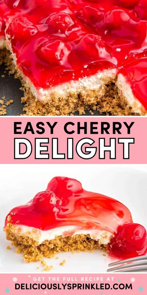 Everyone will love this Easy Cherry Delight! Made with a graham cracker crust, cream cheese, and cherry pie filling, this simple no-bake recipe is one of the best summer desserts. Put this on your Labor Day party food ideas! Cherry Pie Filling Recipes Easy, Cherry Yum Yum Recipe, Key Lime Cookie Recipe, Cherry Delight Dessert, Graham Cracker Dessert, Cherry Pie Filling Recipes, Delicious Thanksgiving Desserts, Cracker Dessert, Cherry Cheesecake Recipe