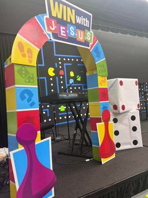 Game Board Decorating Ideas, Preschool Vbs Themes, Vbs Board Game Theme, Game Show Decorations, Twist And Turns Vbs 2023 Crafts, Vbs Themes Ideas, Vbs 2023 Twists And Turns Decorating Ideas, Board Game Vbs, Twist And Turns Vbs 2023 Decorations