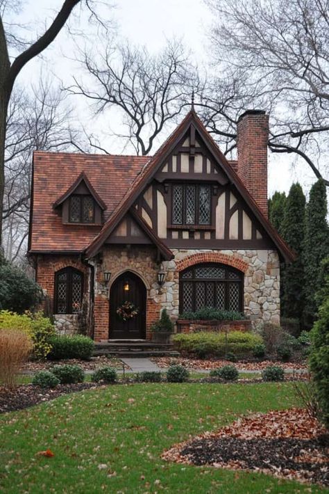 Tudor Beach House, Tudor Farmhouse Exterior, Tudor Gothic House, Tudor Style Farmhouse, Tiny Tudor Cottage, Tudor House Aesthetic, Massachusetts Homes Exterior, Big Cottage Exterior, Tudor House Style