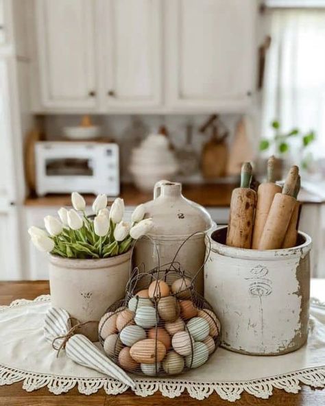 Crock Decor, Easter Kitchen Decor, Country Deco, Vintage Crock, Counter Decor, Farmhouse Interior, Spring Easter Decor, Vintage Spring, Painting Kitchen Cabinets