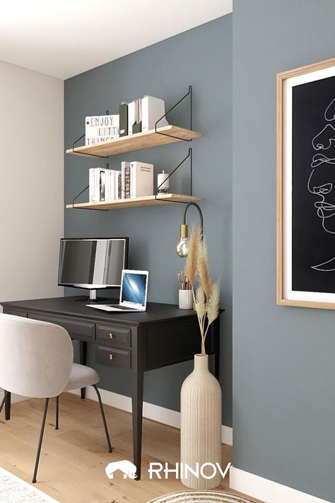 Office Gym Combo, Basement Decoration, Grey Office, Blue Office, Office Gym, Cute Desk, Bedroom Paint, Living Room Grey, Wall Color