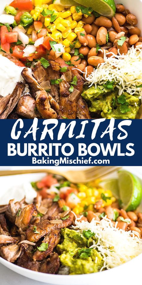 Chicken Carnitas Bowl, Pork Shoulder Meal Prep, Pork Carnitas Burrito Bowls, Burrito Bowl Pork, Carnitas Meal Prep, Carnita Rice Bowls, Mexican Pork Rice Bowls, Carnitas Rice Bowl, Carnitas Rice Bowl Recipe