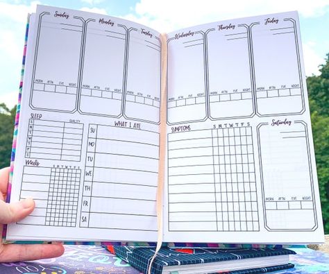 This is the symptom tracker you have been waiting for. -With this journal you can track and manage your food intake, what time you took your medication, sleep quality, steps, and symptoms. -The notes version has a specific area to put additional notes that do not fit anywhere else. -In the back of Bullet Journal 75 Hard, Symptom Journal, March Bullet Journal, Journal Weekly, Symptom Tracker, Planning Calendar, Medical Journals, Dot Journals, Bullet Journal Layout