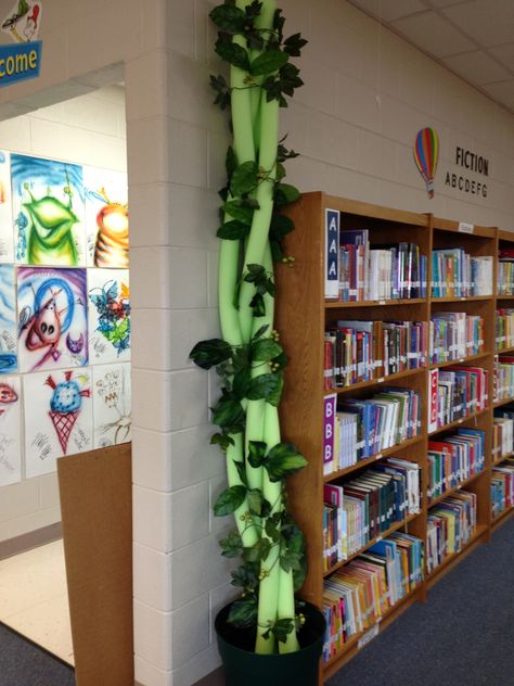 My version of the Pinterest-inspired beanstalk. Into The Woods Decorations, Fairy Forest Classroom Theme, Fantasy Classroom Decor, Storybook Classroom Theme, Fairy Classroom Theme, Fairytale Classroom Theme, Fairy Tale Decorations, Enchanted Forest Classroom Theme, Enchanted Forest Classroom