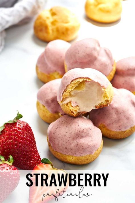 Valentines Cream Puffs, Choux Pastry Filling Ideas, Strawberry Puff Pastry Dessert, Choux Pastry Desserts, Strawberry Aesthetics, Farm Treats, Strawberry Cream Puff, Strawberry Cream Puffs, Cream Puff Filling