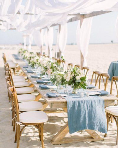 Beach Wedding Light Blue, San Diego Beach Wedding, Small Beach Weddings, Beach Wedding Tables, Blue Beach Wedding, Chair Rentals, Dream Beach Wedding, Beachy Wedding, Beach Wedding Reception