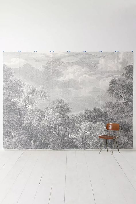 Etched Arcadia Mural | Anthropologie Anthropologie Wallpaper, Bathroom Mural, Tree Mural, Scenic Wallpaper, Bedroom Murals, Vintage Landscape, Classic Decor, Nature Inspired Design, Landscape Wallpaper